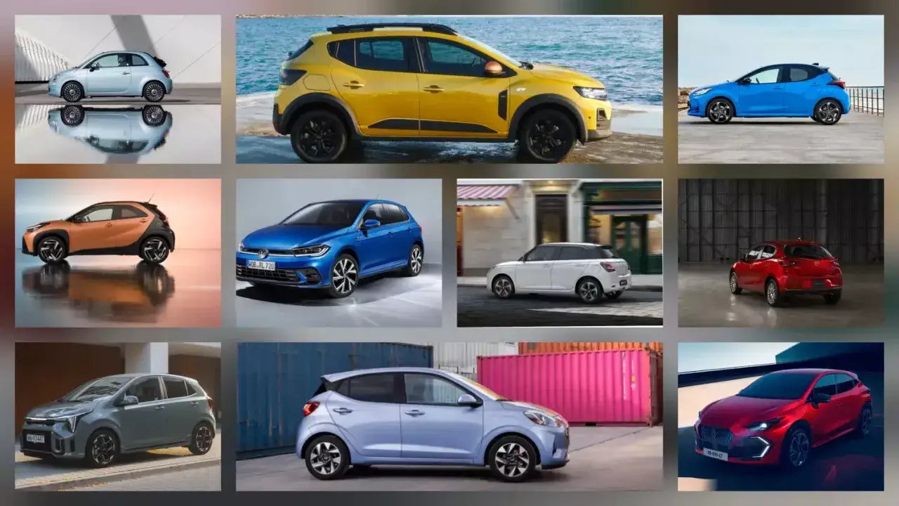 Kompilacja małych aut: Fiat 500, Dacia Sandero, Toyota Yaris, Toyota Aygo X, VW Polo, Suzuki Swift, Mazda 2, Kia Picanto, Hyundai i10, oraz dwa czerwone auta.