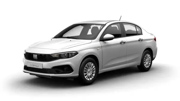 Biały fiat sedan Tipo z przodu, gotowy do podróży.